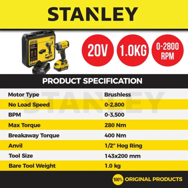 STANLEY SBW910M1K CORDLESS BRUSHLESS IMPACT WRENCH 20V